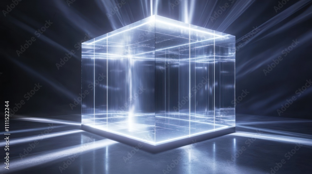 Poster Luminous block cube shape with radiant light beams around it