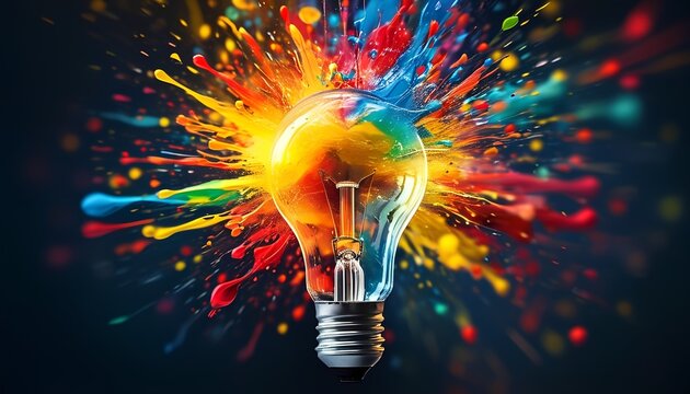  A light bulb explodes with a vibrant explosion of colorful paint, symbolizing the spark of creativity and the boundless potential of the human mind. This dynamic image captures the essence  