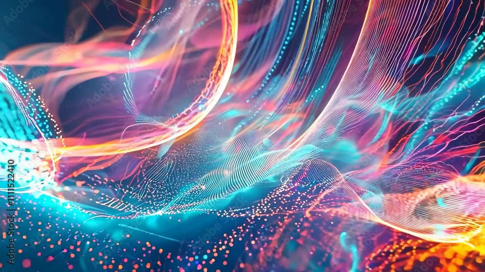 Poster vibrant abstract digital waves colorful light trails and flowing patterns in motion