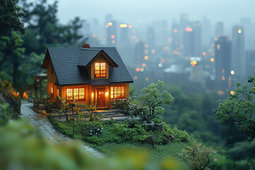 Illuminated House Model on Hillside Overlooking City Lights