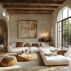 Serene Minimalist Scandinavian Living Room with White Sofa Natural Light and Cozy Decor