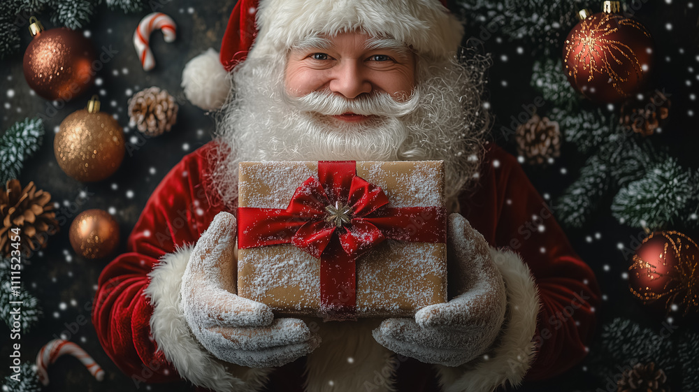 Poster a man in a santa claus outfit holding a brown box with a red ribbon on it. the box is wrapped in red