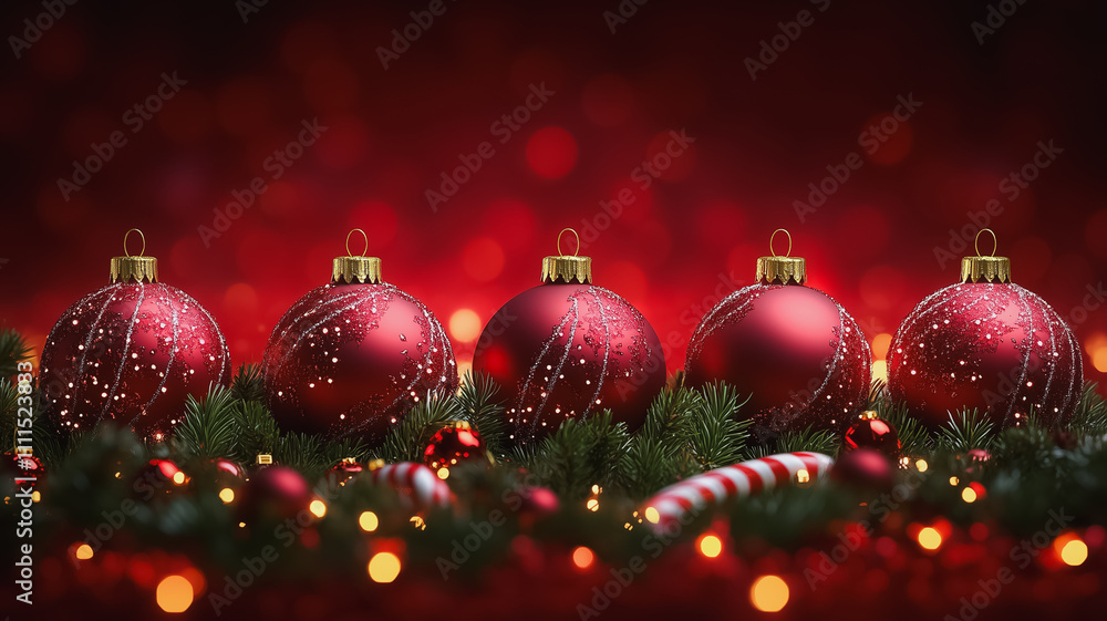 Aufkleber a row of red christmas ornaments are displayed on a red background. the ornaments are arranged in a 