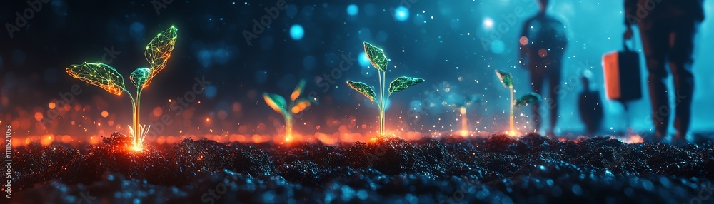Fototapete a group of diverse data scientists planting glowing seeds, with futuristic data structures growing f