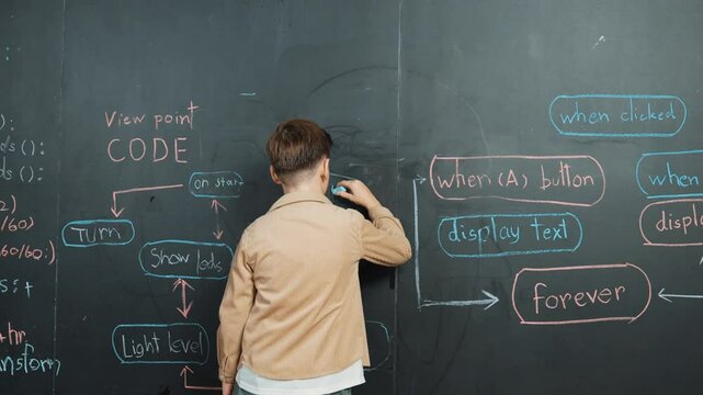 Back view of smart boy writing engineering prompt on blackboard. Attractive happy student planing a project by using coding and programing system in STEM technology classroom. Closeup. Erudition.