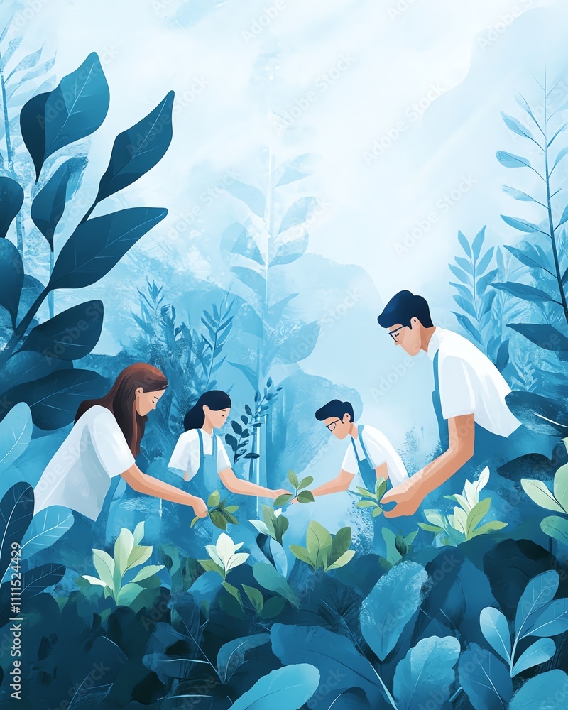 Poster A team of data scientists from different backgrounds planting seeds in a techinspired landscape, representing innovation and growth in the field of data science