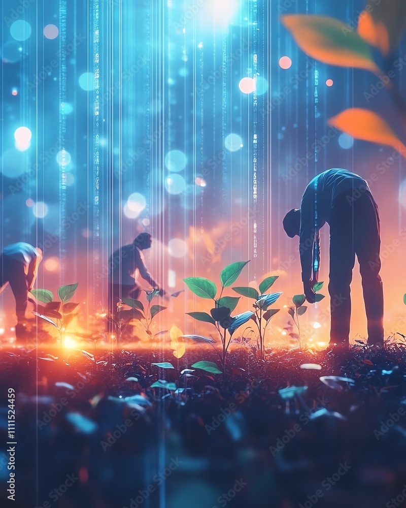 Poster A team of global data scientists planting seeds in a field of data, symbolizing the global innovation and progress in data science, bright and positive atmosphere