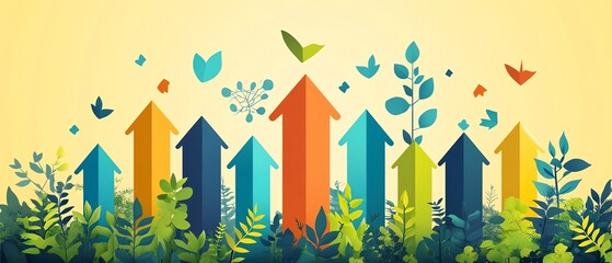Dynamic infographic showing upward arrows representing the positive impact of ESG practices in sustainable business development, with ecofriendly elements