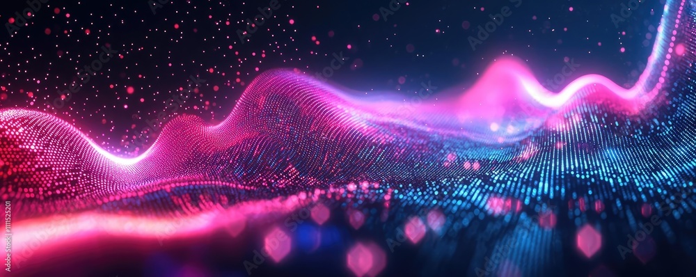 Poster vibrant abstract wave with colorful light particles on dark background.