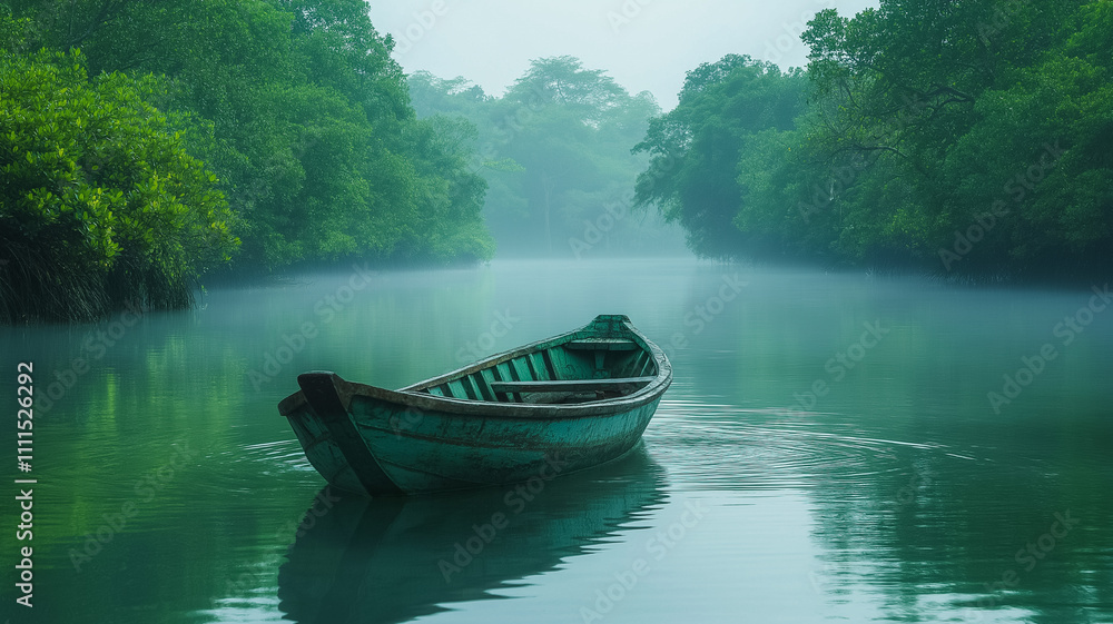 Poster a small boat is floating on a river with trees in the background. the water is calm and the sky is c