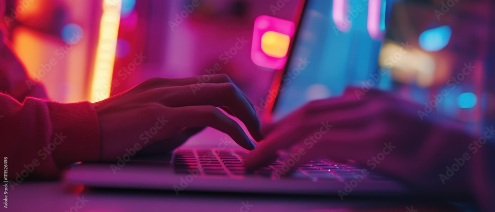 Poster hands typing on a laptop in a colorful illuminated setting