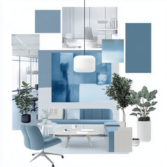 Fototapeta premium Create a moodboard for a shared office workspace with a blue and white color scheme. Include modern, minimalist furniture, collaborative work areas, natural lighting