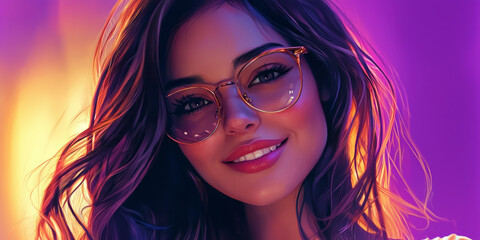 illustration of beautiful woman with medium-length hair, wearing glasses and smiling at the camera, generative AI
