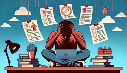 Silhouette of student stressing over multiple assignments and exam pressures
