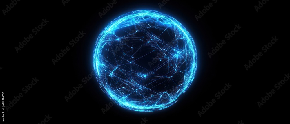 Poster glowing blue sphere with interconnected lines and nodes