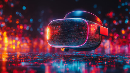 A virtual reality headset is suspended in a colorful, glowing background. The headset is surrounded by a network of lights, creating a sense of depth and immersion