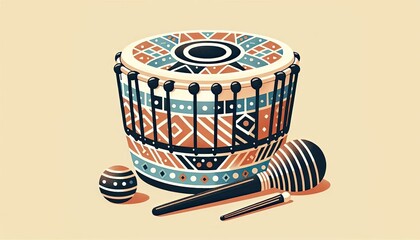 Intricately designed Nigerian talking drum with rhythmic patterns and vivid colors