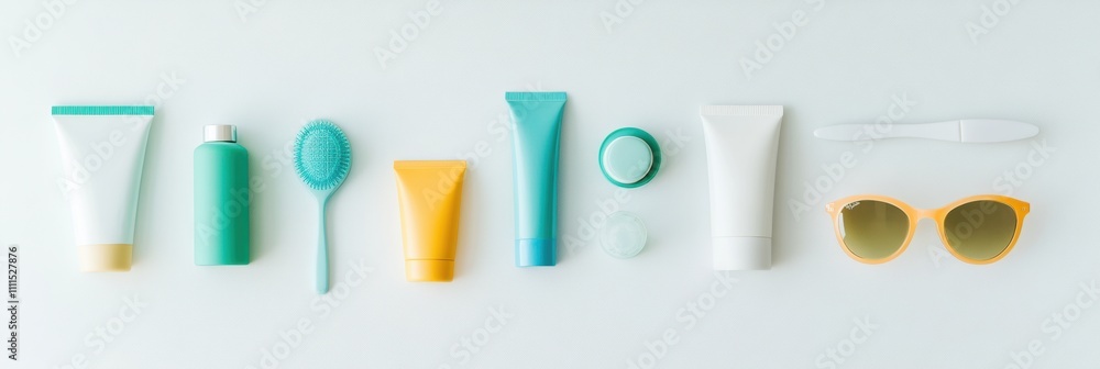 Leinwandbilder brightly colored summer accessories feature sunglasses and various sunscreen products arranged neatl