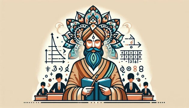 Vedic mathematics teacher illustrating concepts in a diverse, harmonious classroom setting