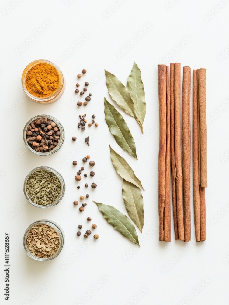 Leinwandbilder small jars filled with vibrant spices are arranged alongside bay leaves and cinnamon sticks, creatin