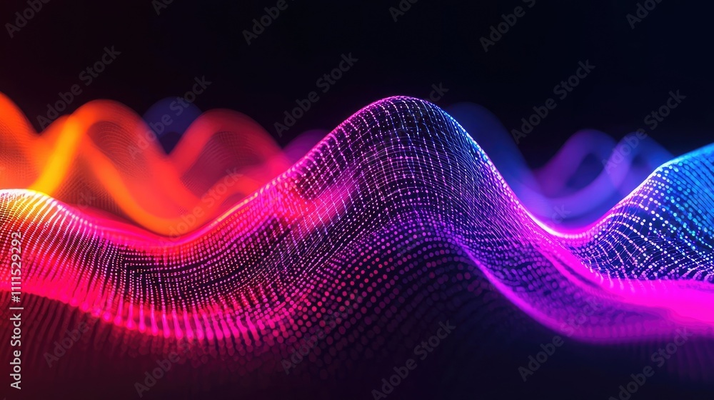 Poster colorful abstract wave patterns with bright glowing lines on a dark background.