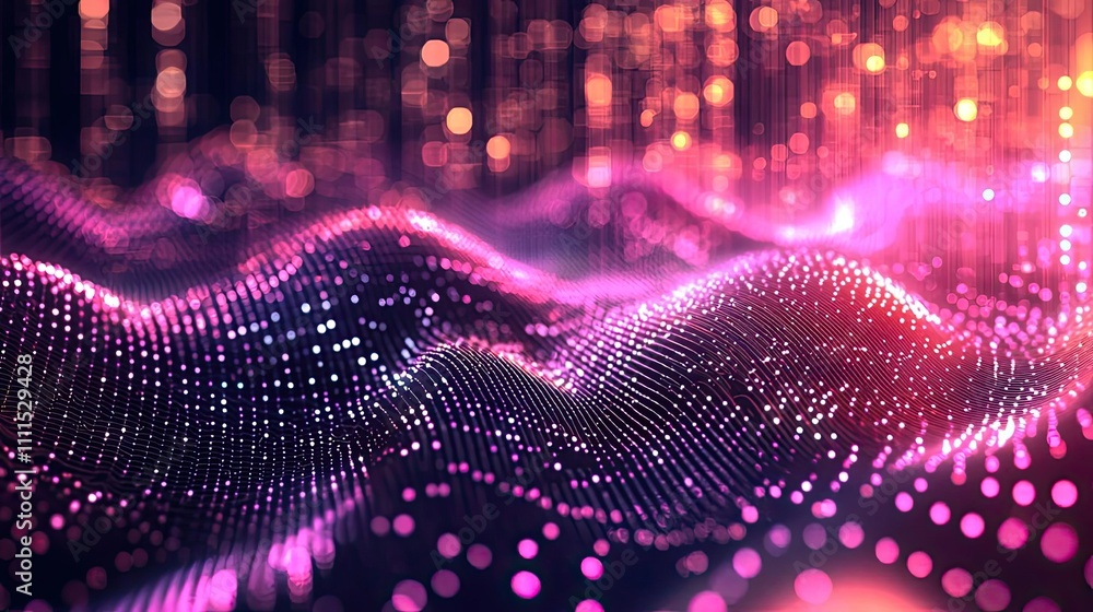 Poster colorful digital waves with particles, representing data visualization.