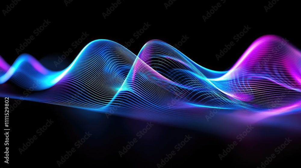 Poster colorful wave patterns with glowing lines on a dark background.