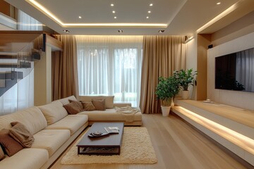 Fototapeta premium Beige sectional sofa in modern living room. Ideal for interior design, home decor, and real estate websites.