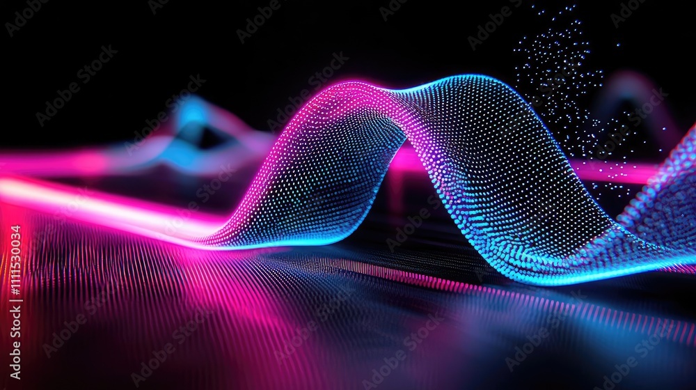 Poster colorful wave patterns with glowing lines on a dark background.