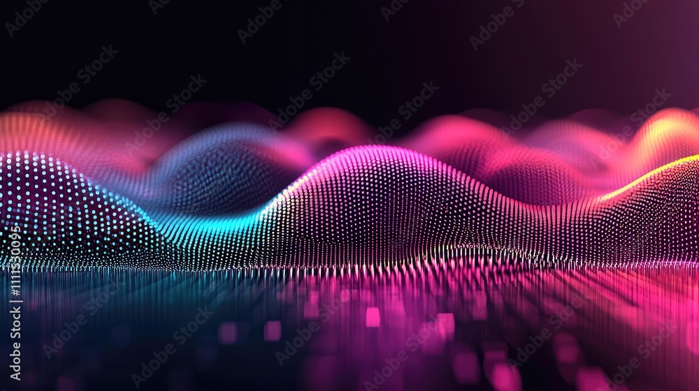 Poster colorful abstract digital waves with vibrant lights and patterns on a dark background.