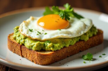 Toast with guacamole and fried eggs, image for restaurant menu, macro photo
