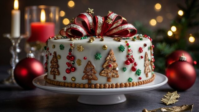 White Cake Decorated With Red Ribbon On Top