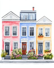 Colorful Watercolor Row Houses Spring Flowers Home Exterior Suburban Homes Pretty Houses