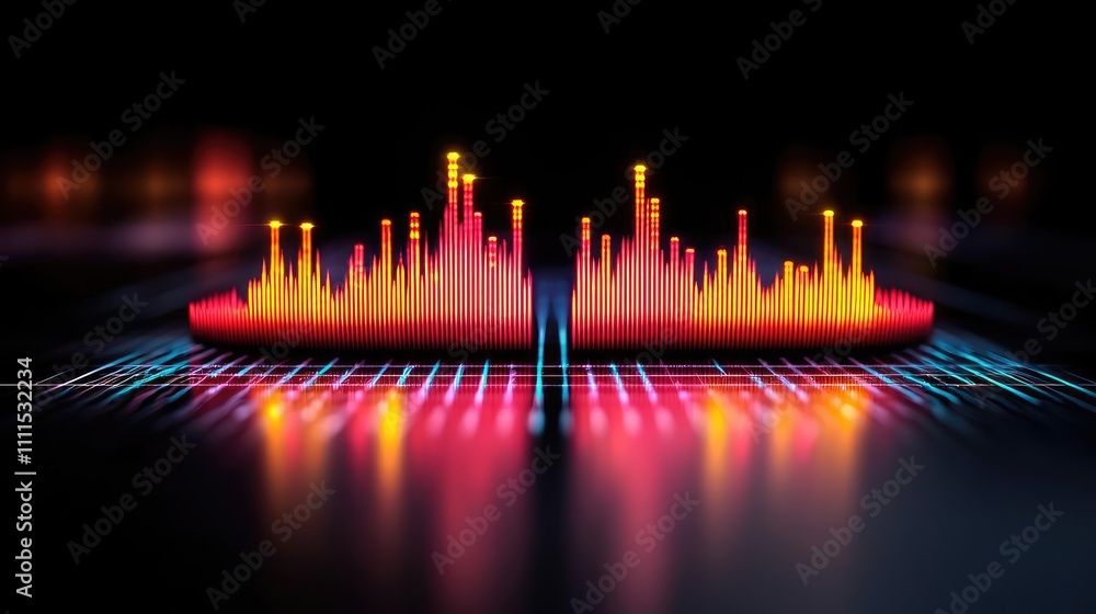 Poster colorful sound wave visualization on a dark background, vibrant and dynamic display.