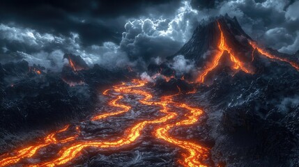 Fototapeta premium Majestic volcanic eruption with flowing lava on a dark stormy background.