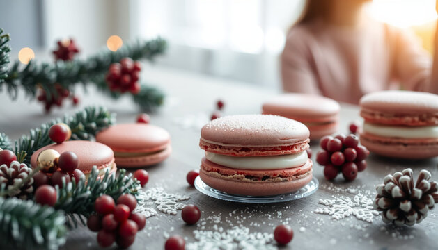 Macaroon Cakes In Red On The Table