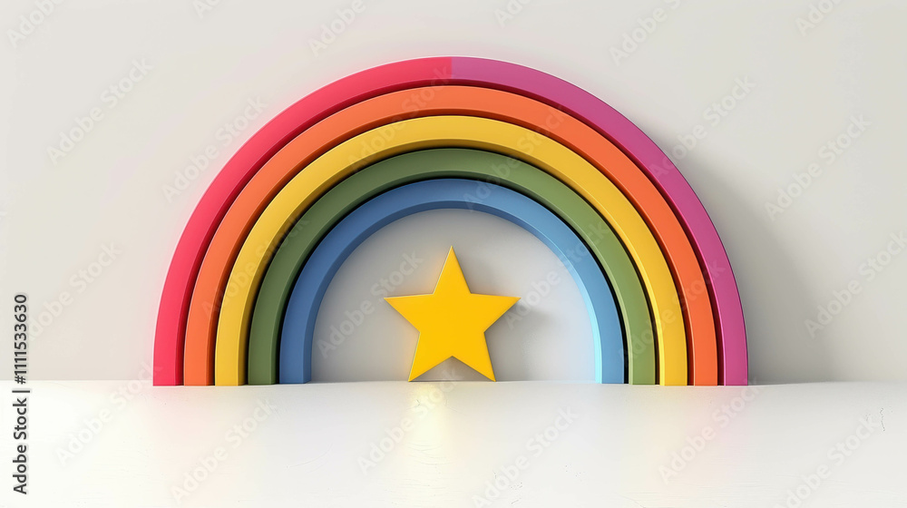 Poster a rainbow with stars on it. the rainbow is made of different colored blocks and the stars are also m