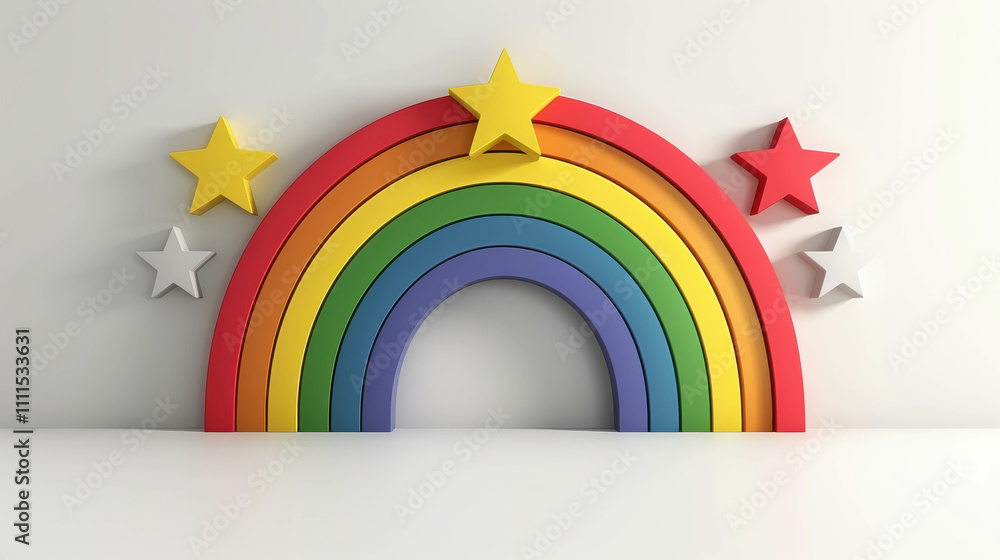 Poster a rainbow with stars on it. the rainbow is made of different colored blocks and the stars are also m