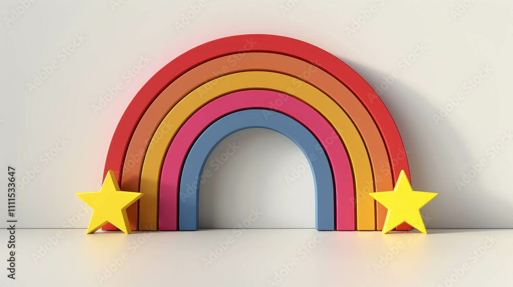 Poster a rainbow with stars on it. the rainbow is made of different colored blocks and the stars are also m