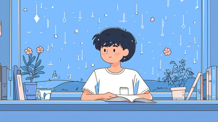 A boy is sitting at a table with a book in front of him. He is looking out the window at the rain