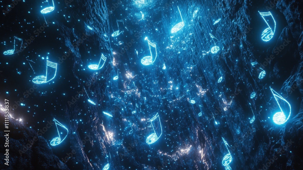 Poster a cascade of luminous music notes and clefs glowing in neon blue against a textured dark background,