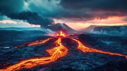 Erupting volcano with flowing lava and dramatic clouds at sunset.