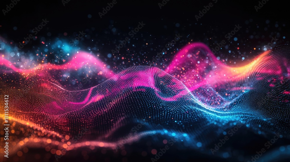 Poster colorful abstract wave pattern with glowing particles on a dark background.