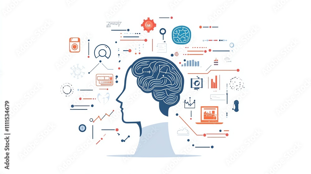 Poster a human head with a brain inside and various abstract lines and icons surrounding it.