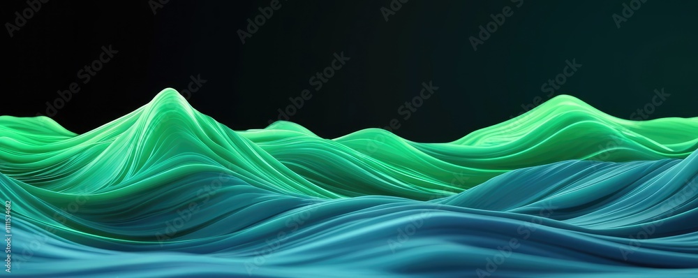 Poster dynamic wave patterns in green and blue on a dark background.
