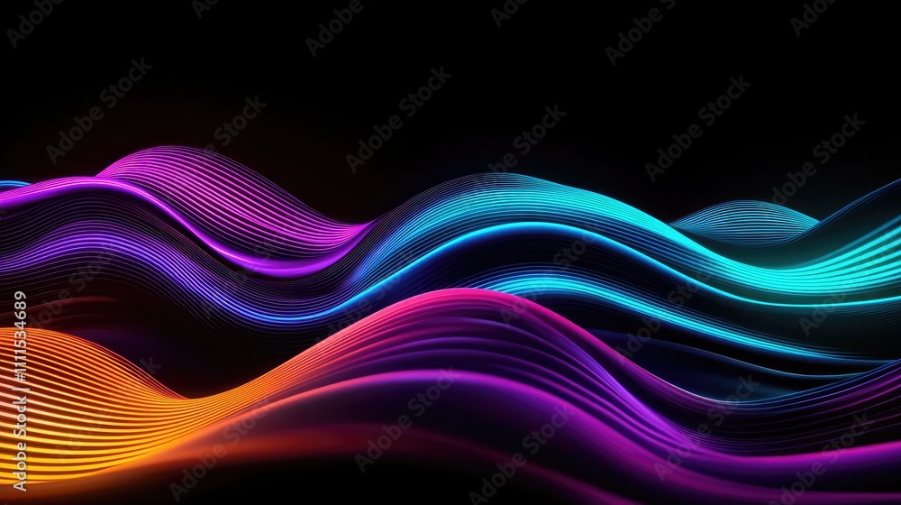 Poster colorful waves of light on a black background, creating dynamic visual flow.
