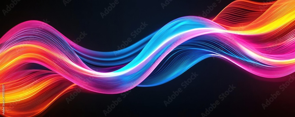 Poster vibrant wave of colors in motion with a dark background, abstract design element.