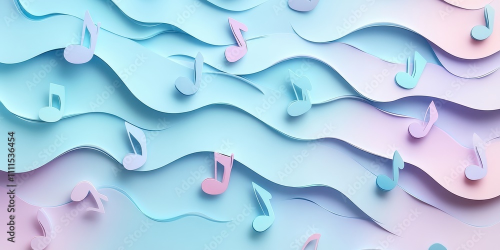 Poster delicate paper-cut music notes in pastel colors scattered across a light blue abstract backdrop, wit