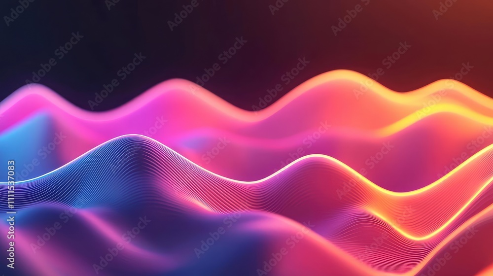 Poster colorful abstract wave patterns on a dark background with smooth gradients.