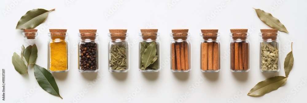 Aufkleber small jars filled with vibrant spices are arranged with bay leaves and cinnamon sticks, offering an 